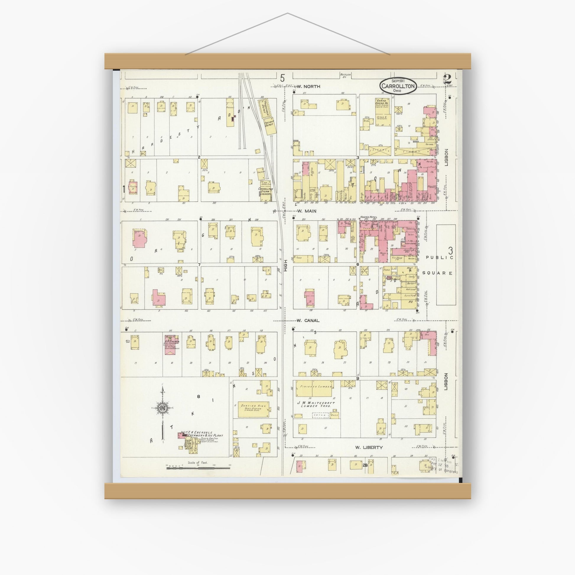 Old map wall art mockup — magnetic wood frame on white wall — Sanborn Fire Insurance Map from Carrollton, Carroll County, Ohio (1911), Sheet #0002