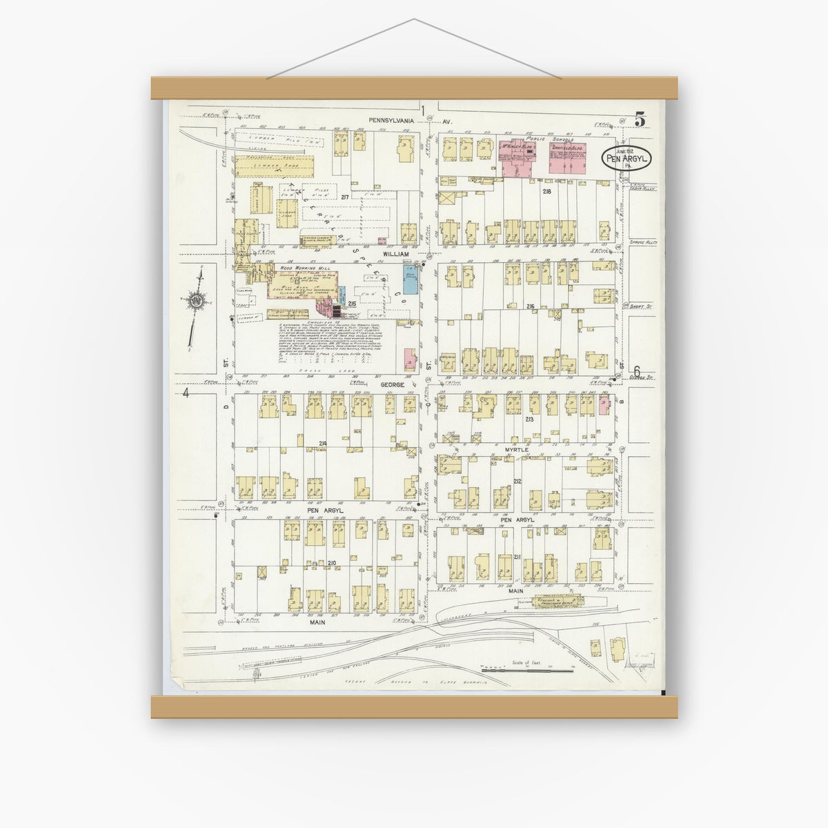 Old map wall art mockup — magnetic wood frame on white wall — Sanborn Fire Insurance Map from Pen Argyl, Northampton County, Pennsylvania (1912), Sheet #0005