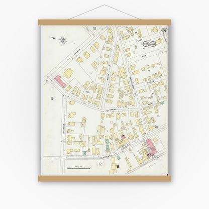Old map wall art mockup — magnetic wood frame on white wall — Sanborn Fire Insurance Map from North Adams, Berkshire County, Massachusetts (1897), Sheet #0014