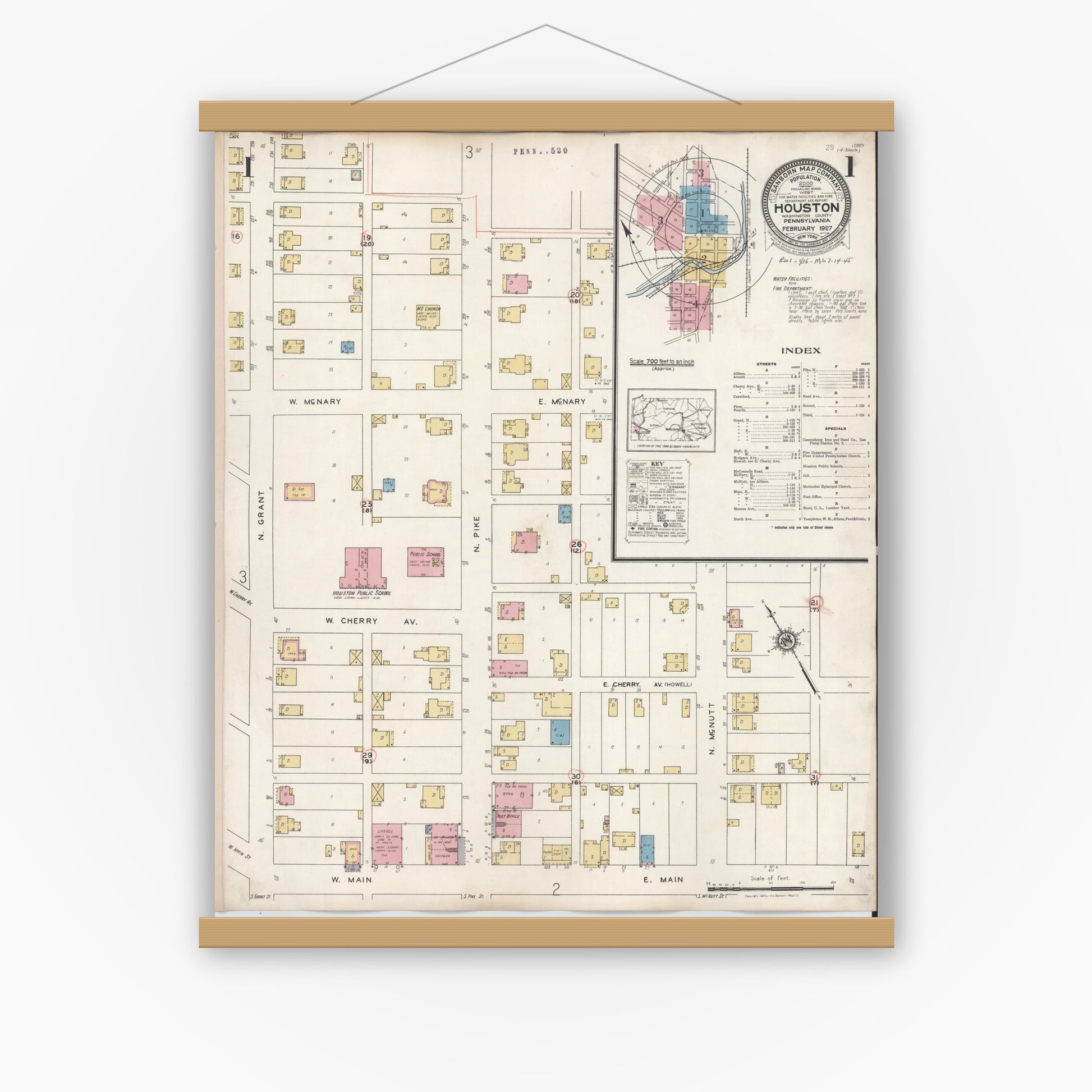Old map wall art mockup — magnetic wood frame on white wall — Sanborn Fire Insurance Map from Houston, Washington County, Pennsylvania (1936) - Complete Map Set