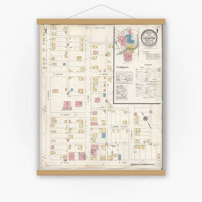Old map wall art mockup — magnetic wood frame on white wall — Sanborn Fire Insurance Map from Houston, Washington County, Pennsylvania (1936) - Complete Map Set