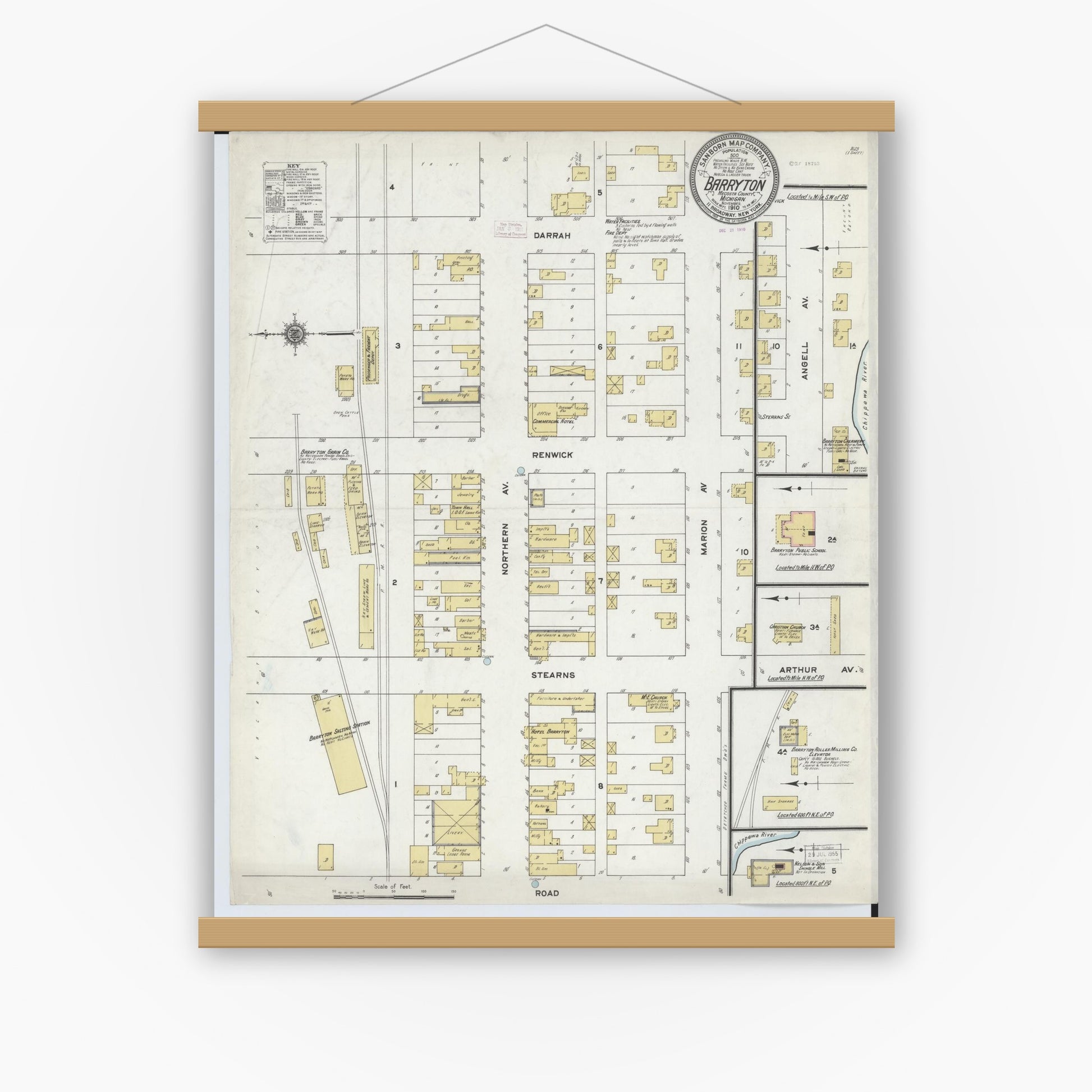 Old map wall art mockup — magnetic wood frame on white wall — Sanborn Fire Insurance Map from Barryton, Mecosta County, Michigan (1910), Sheet #0001