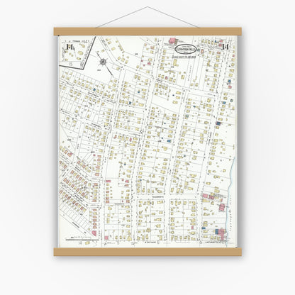 Old map wall art mockup — magnetic wood frame on white wall — Sanborn Fire Insurance Map from Cuyahoga Falls, Summit County, Ohio (1927), Sheet #0014