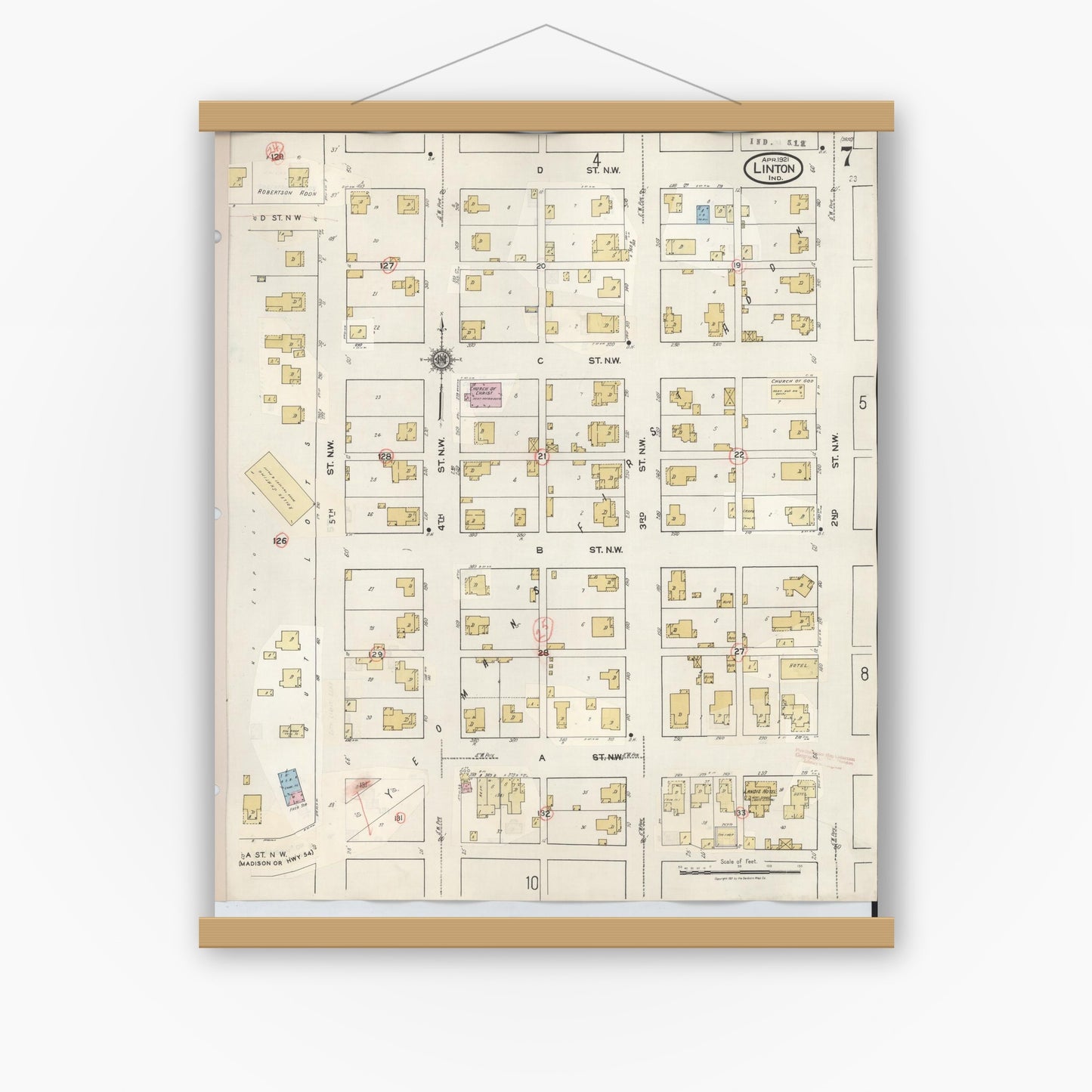 Old map wall art mockup — magnetic wood frame on white wall — Sanborn Fire Insurance Map from Linton, Greene County, Indiana (1948), Sheet #0007
