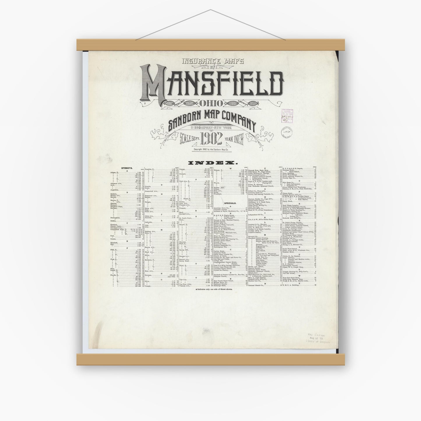 Old map wall art mockup — magnetic wood frame on white wall — Sanborn Fire Insurance Map from Mansfield, Richland County, Ohio (1902), Sheet #0001