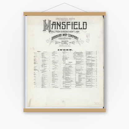 Old map wall art mockup — magnetic wood frame on white wall — Sanborn Fire Insurance Map from Mansfield, Richland County, Ohio (1902), Sheet #0001