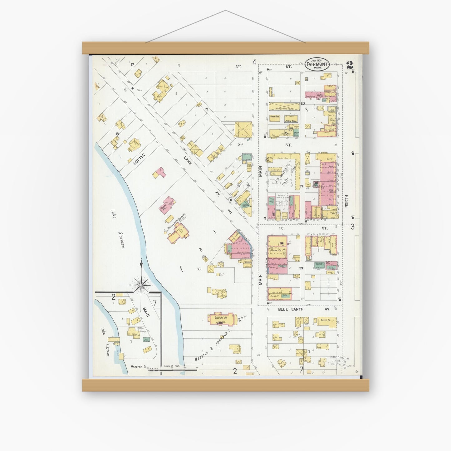 Old map wall art mockup — magnetic wood frame on white wall — Sanborn Fire Insurance Map from Fairmont, Martin County, Minnesota (1900), Sheet #0002