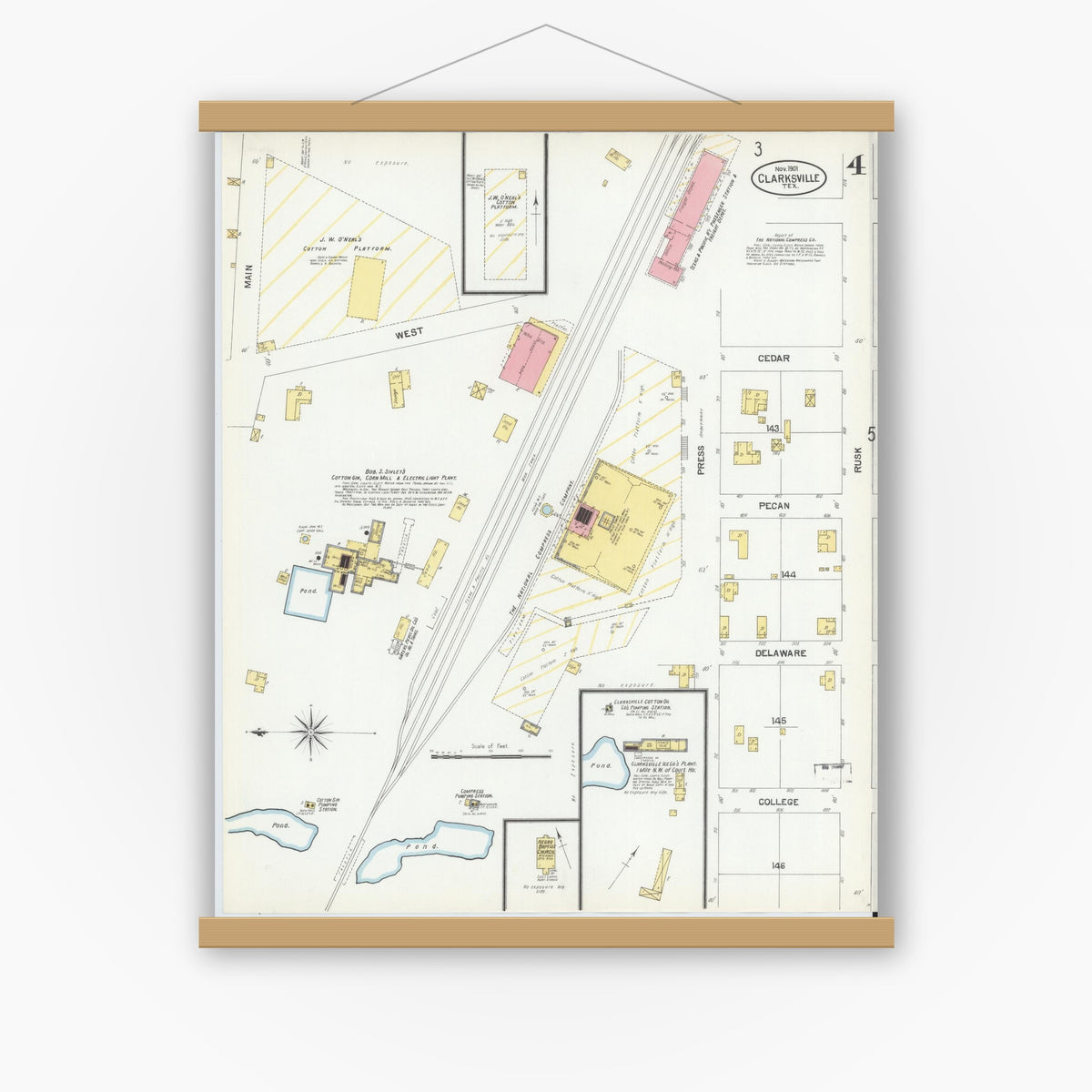 Old map wall art mockup — magnetic wood frame on white wall — Sanborn Fire Insurance Map from Clarksville, Red River County, Texas (1901), Sheet #0004