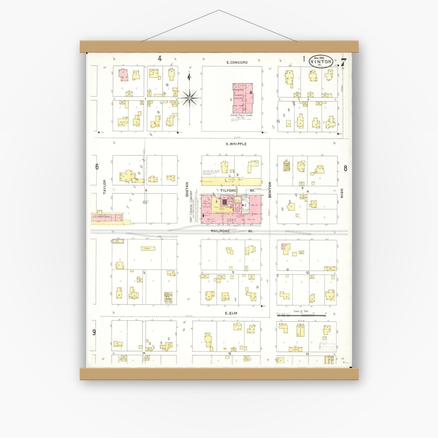 Old map wall art mockup — magnetic wood frame on white wall — Sanborn Fire Insurance Map from Vinton, Benton County, Iowa (1906), Sheet #0007