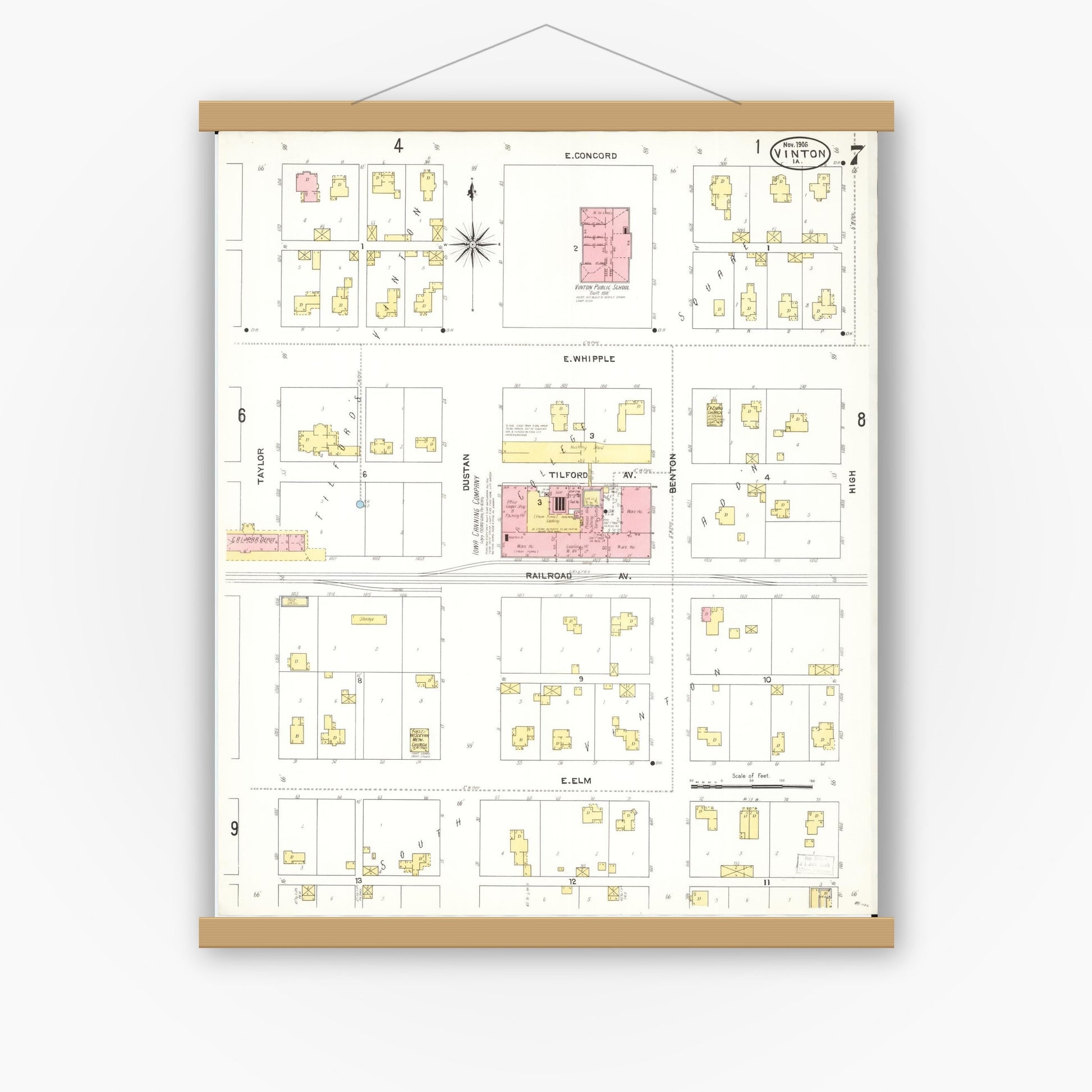 Old map wall art mockup — magnetic wood frame on white wall — Sanborn Fire Insurance Map from Vinton, Benton County, Iowa (1906), Sheet #0007