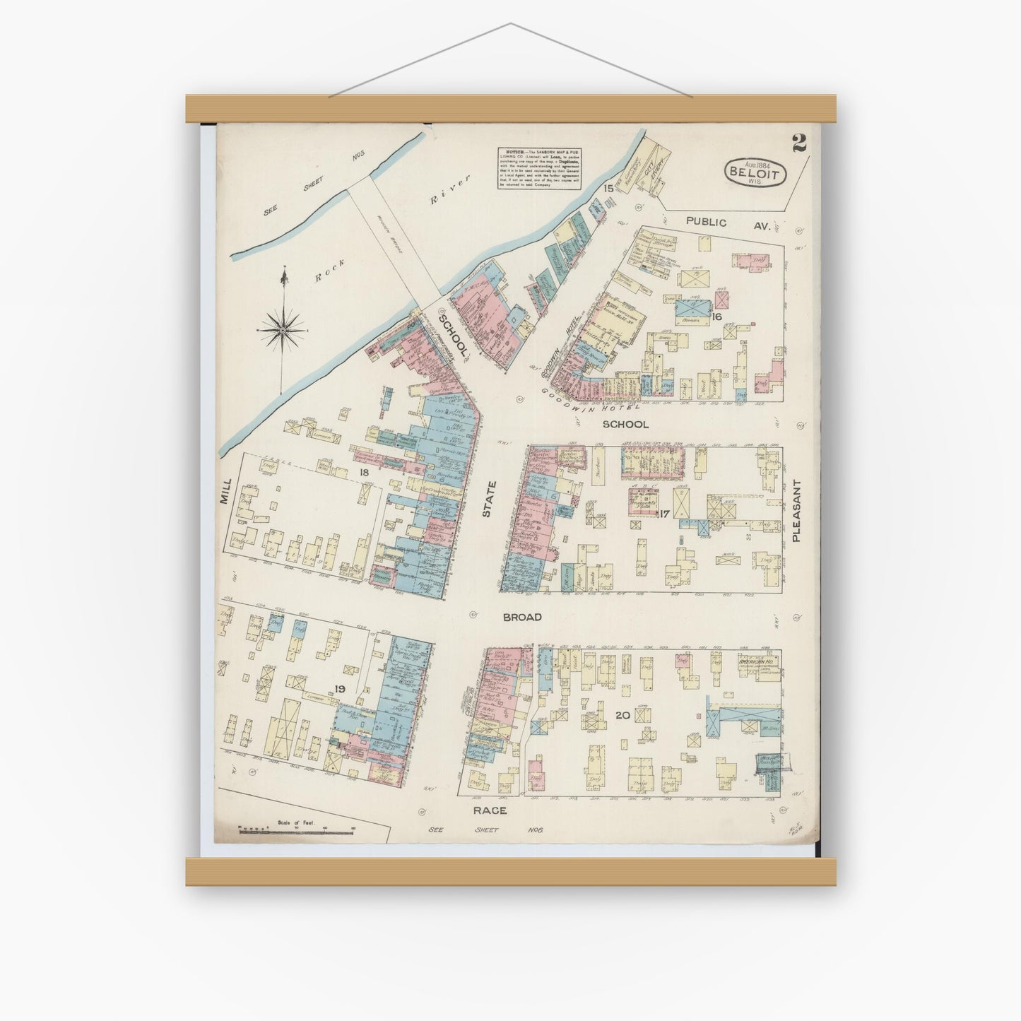 Old map wall art mockup — magnetic wood frame on white wall — Sanborn Fire Insurance Map from Beloit, Rock County, Wisconsin (1884) - Complete Map Set