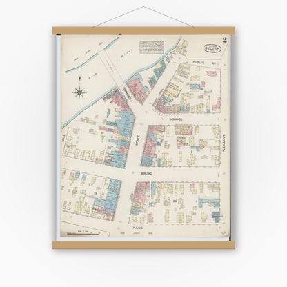 Old map wall art mockup — magnetic wood frame on white wall — Sanborn Fire Insurance Map from Beloit, Rock County, Wisconsin (1884) - Complete Map Set