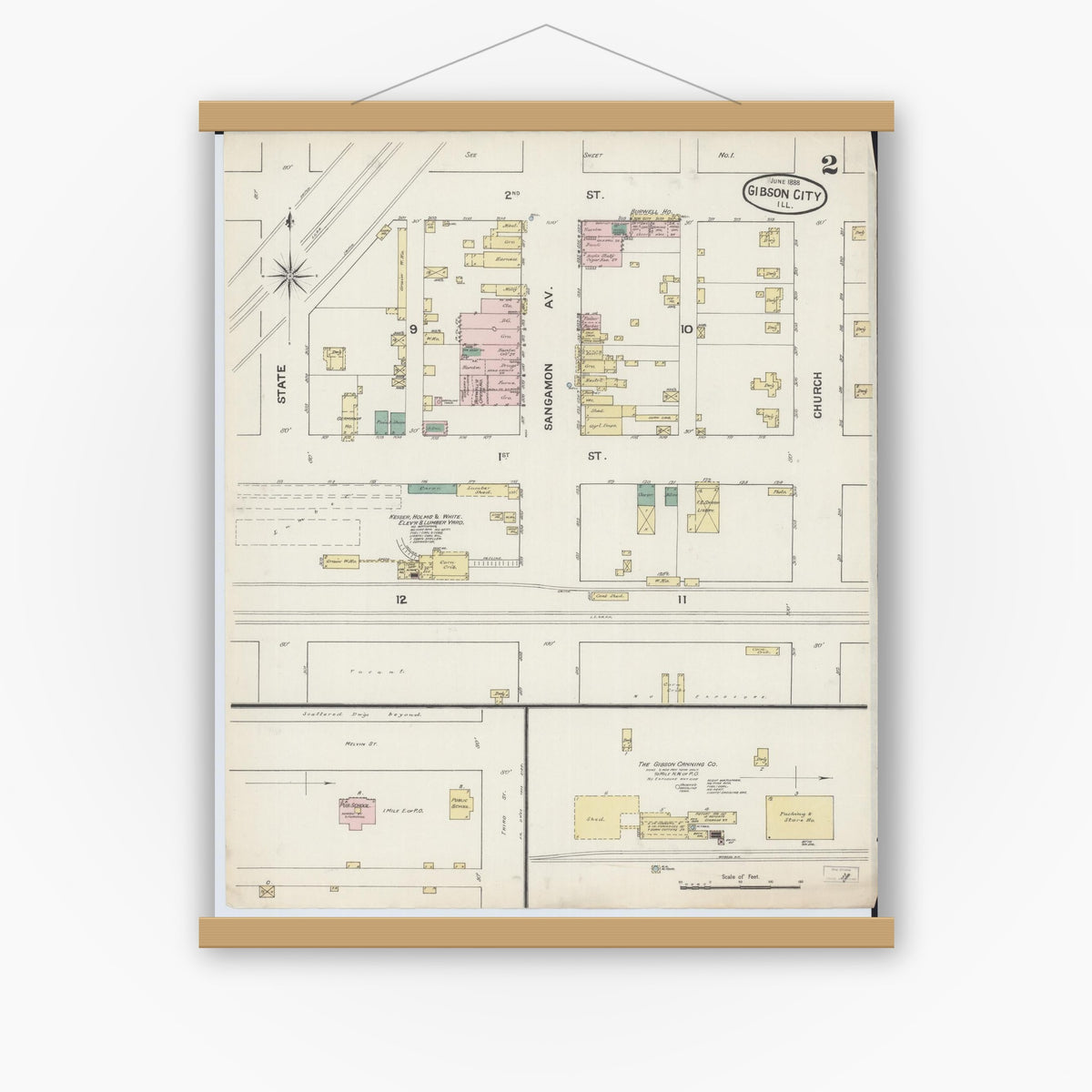 Old map wall art mockup — magnetic wood frame on white wall — Sanborn Fire Insurance Map from Gibson City, Ford County, Illinois (1888), Sheet #0002