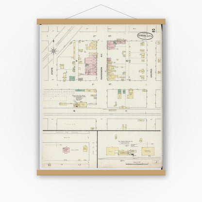 Old map wall art mockup — magnetic wood frame on white wall — Sanborn Fire Insurance Map from Gibson City, Ford County, Illinois (1888), Sheet #0002