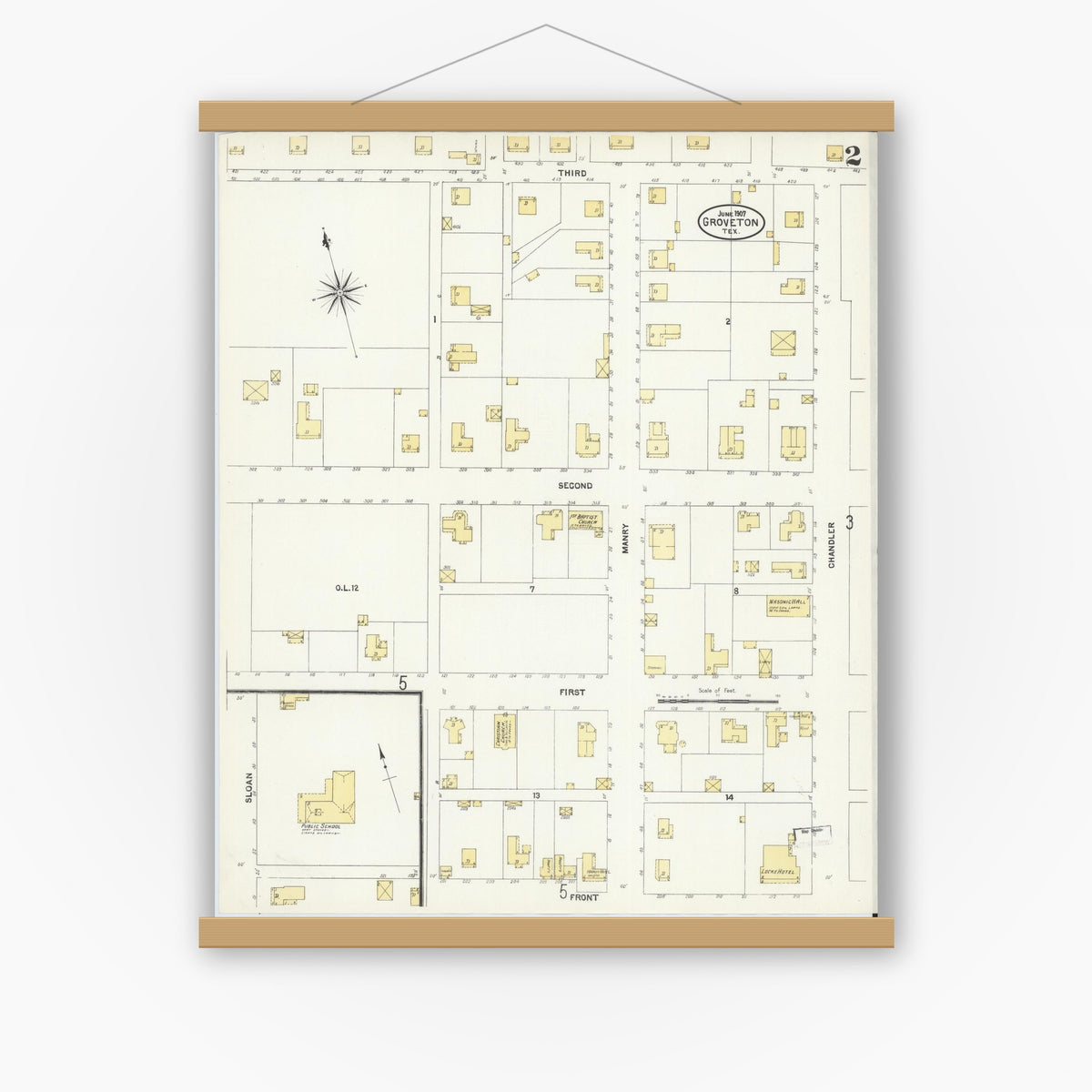 Old map wall art mockup — magnetic wood frame on white wall — Sanborn Fire Insurance Map from Groveton, Trinity County, Texas (1907), Sheet #0002