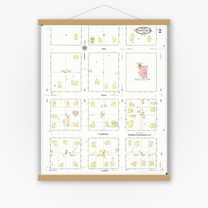 Old map wall art mockup — magnetic wood frame on white wall — Sanborn Fire Insurance Map from Sheffield, Franklin County, Iowa (1916), Sheet #0002