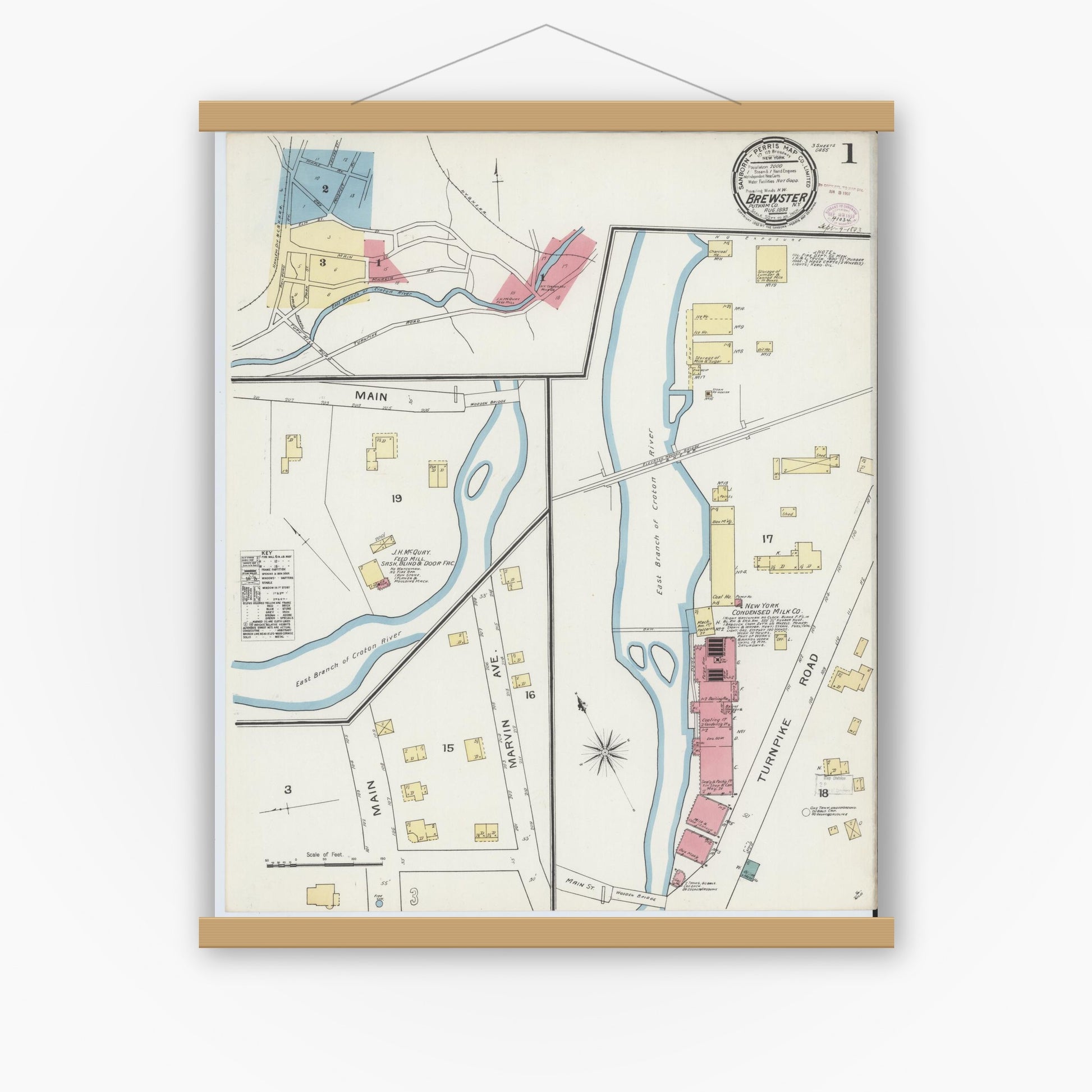Old map wall art mockup — magnetic wood frame on white wall — Sanborn Fire Insurance Map from Brewster, Putnam County, New York (1893) - Complete Map Set