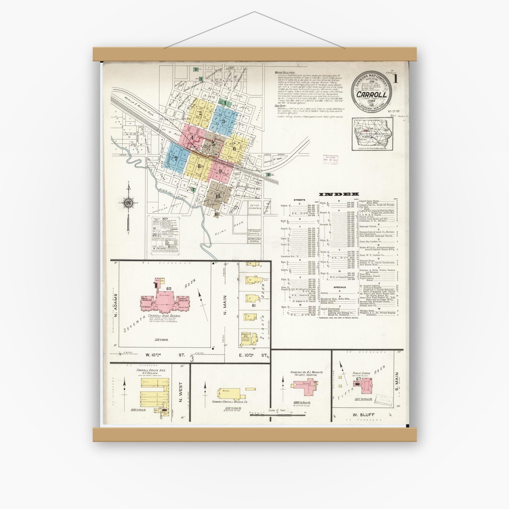 Old map wall art mockup — magnetic wood frame on white wall — Sanborn Fire Insurance Map from Carroll, Carroll County, Iowa (1915) â€” Complete Set