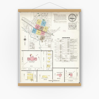 Old map wall art mockup — magnetic wood frame on white wall — Sanborn Fire Insurance Map from Carroll, Carroll County, Iowa (1915) â€” Complete Set
