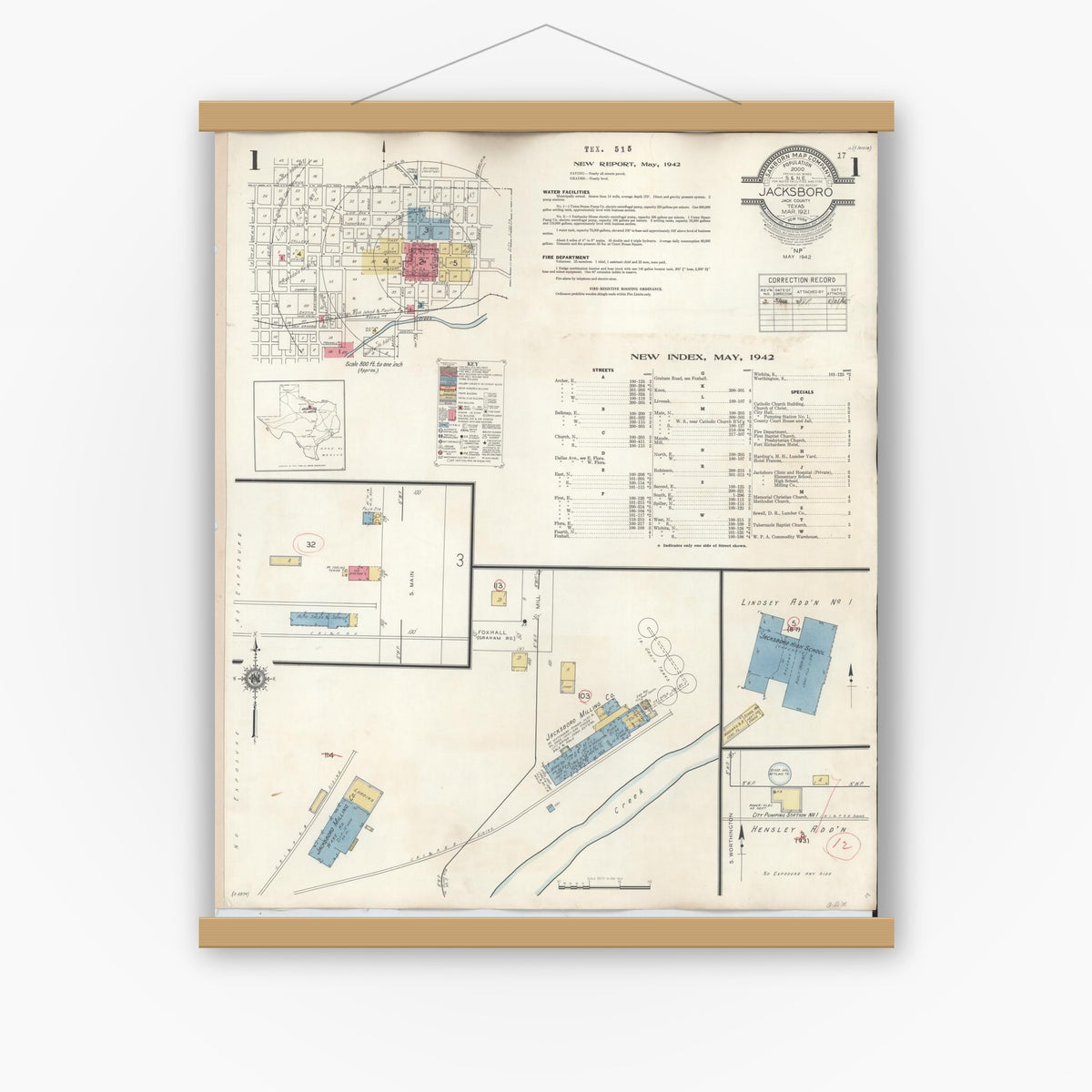 Old map wall art mockup — magnetic wood frame on white wall — Sanborn Fire Insurance Map from Jacksboro, Jack County, Texas (1942) - Complete Map Set