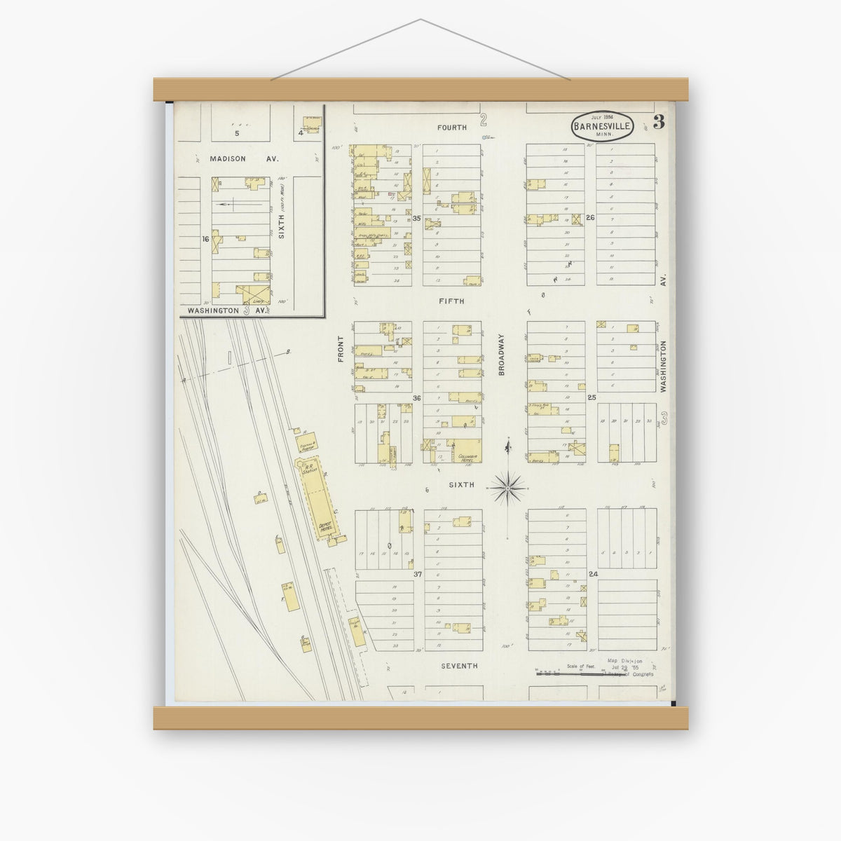 Old map wall art mockup — magnetic wood frame on white wall — Sanborn Fire Insurance Map from Barnesville, Clay County, Minnesota (1894), Sheet #0003