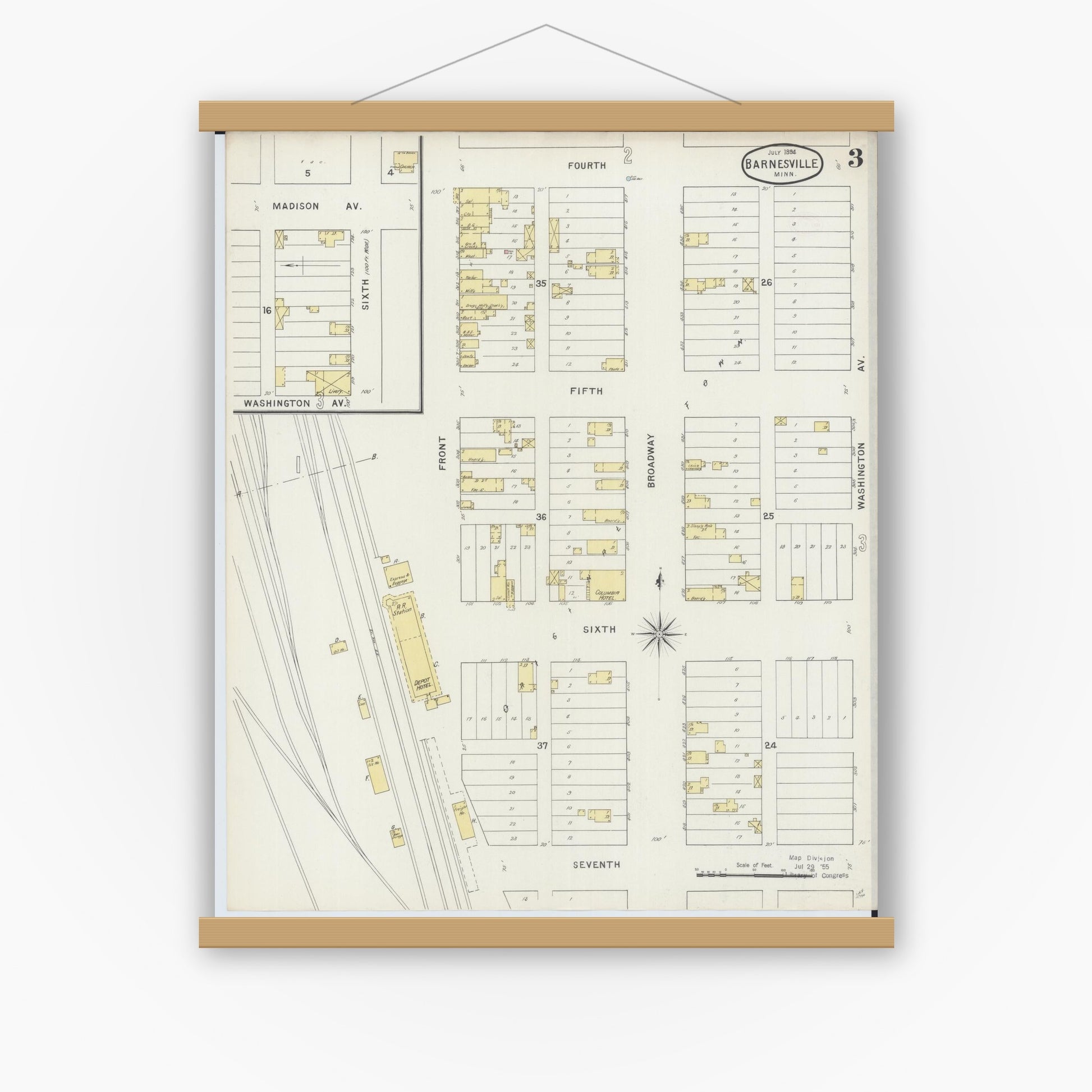 Old map wall art mockup — magnetic wood frame on white wall — Sanborn Fire Insurance Map from Barnesville, Clay County, Minnesota (1894), Sheet #0003