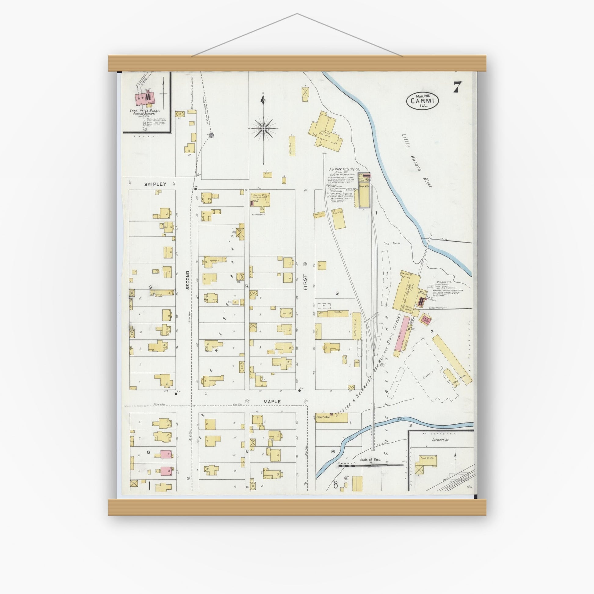 Old map wall art mockup — magnetic wood frame on white wall — Sanborn Fire Insurance Map from Carmi, White County, Illinois (1906), Sheet #0007