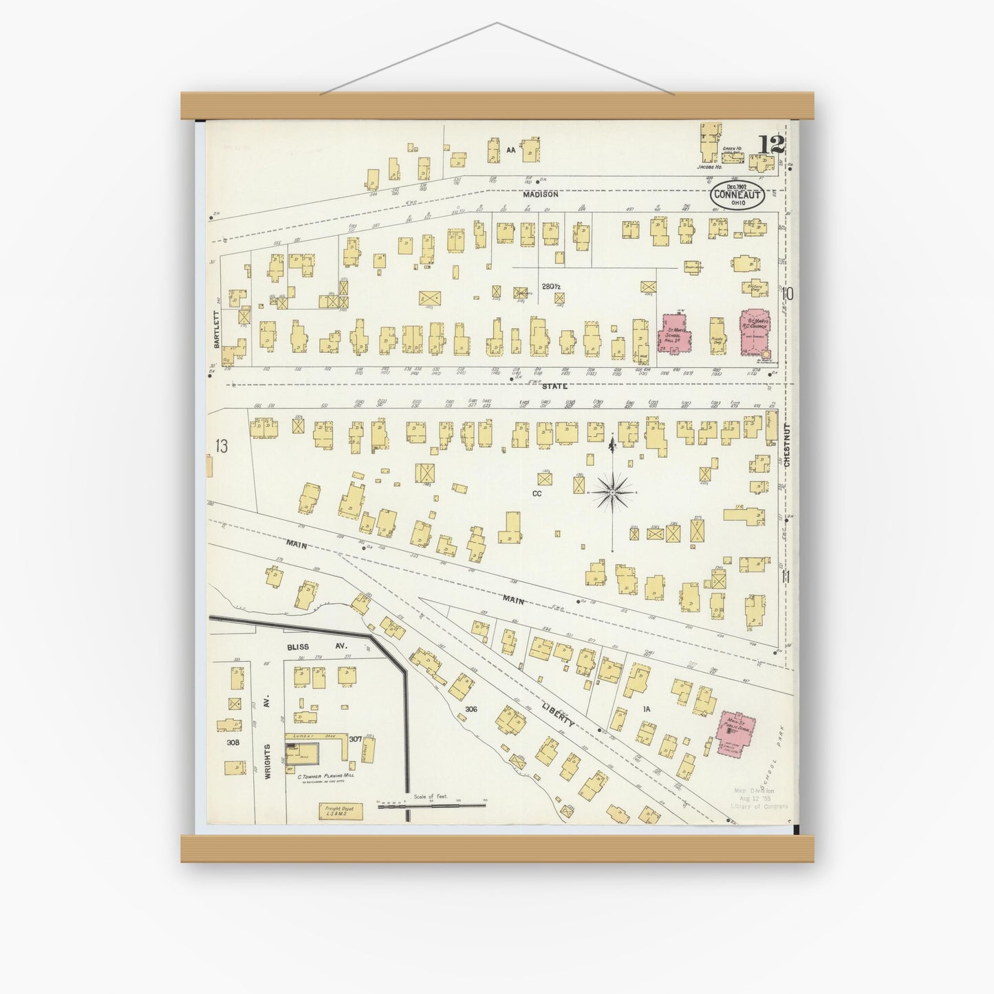Old map wall art mockup — magnetic wood frame on white wall — Sanborn Fire Insurance Map from Conneaut, Ashtabula County, Ohio (1902), Sheet #0012