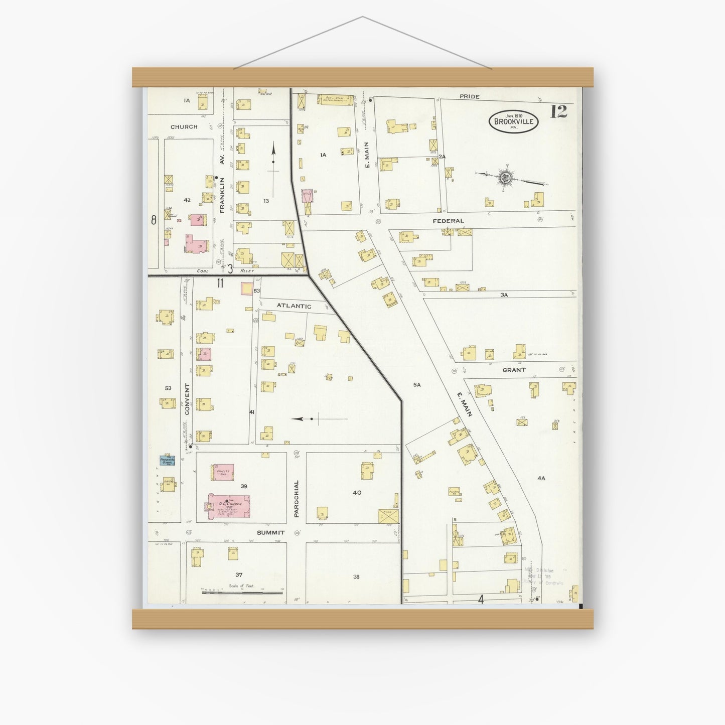 Old map wall art mockup — magnetic wood frame on white wall — Sanborn Fire Insurance Map from Brookville, Jefferson County, Pennsylvania (1910), Sheet #0012