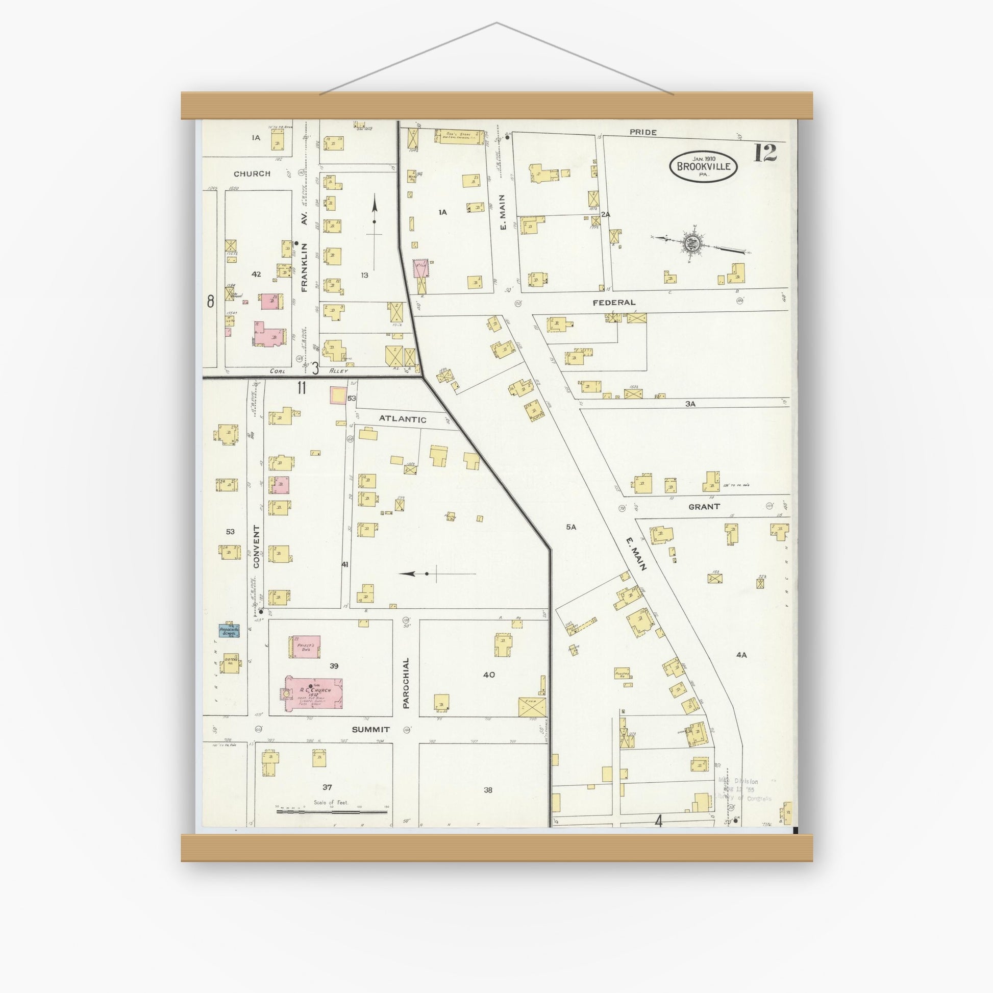 Old map wall art mockup — magnetic wood frame on white wall — Sanborn Fire Insurance Map from Brookville, Jefferson County, Pennsylvania (1910), Sheet #0012