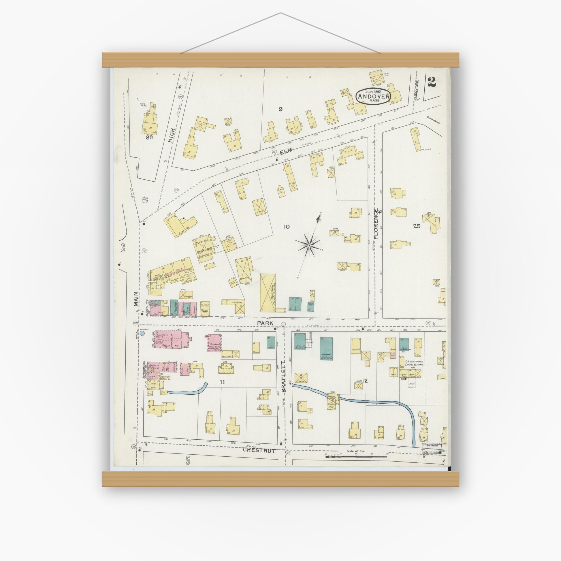 Old map wall art mockup — magnetic wood frame on white wall — Sanborn Fire Insurance Map from Andover, Essex County, Massachusetts (1892), Sheet #0002