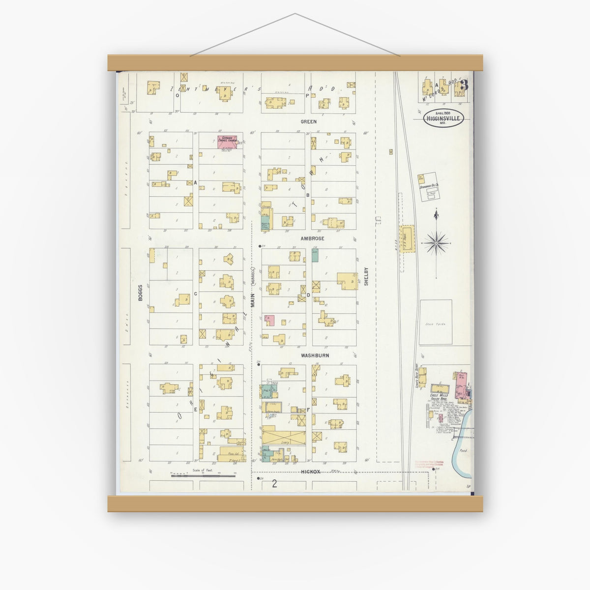 Old map wall art mockup — magnetic wood frame on white wall — Sanborn Fire Insurance Map from Higginsville, Lafayette County, Missouri (1900), Sheet #0003