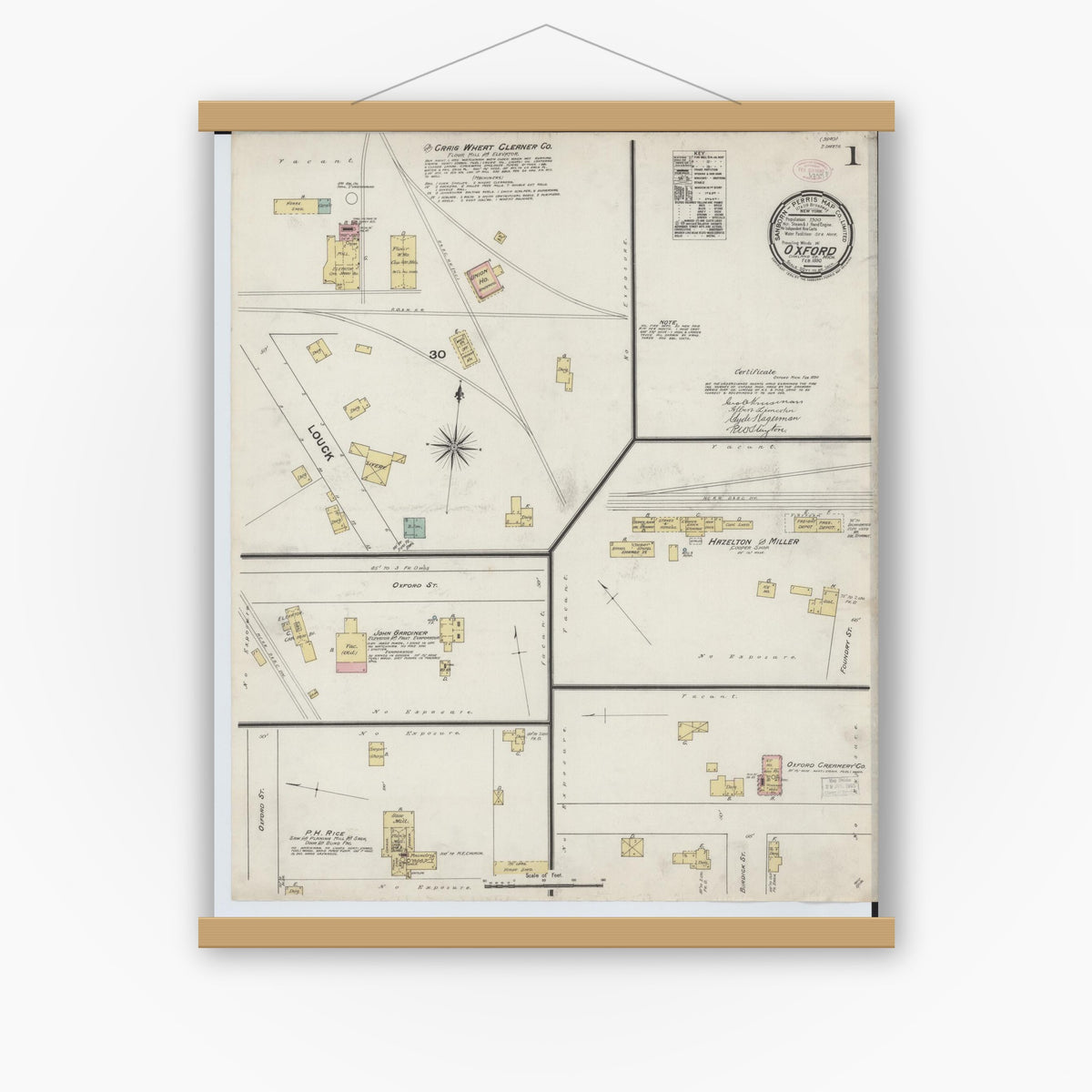 Old map wall art mockup — magnetic wood frame on white wall — Sanborn Fire Insurance Map from Oxford, Oakland County, Michigan (1890), Sheet #0001