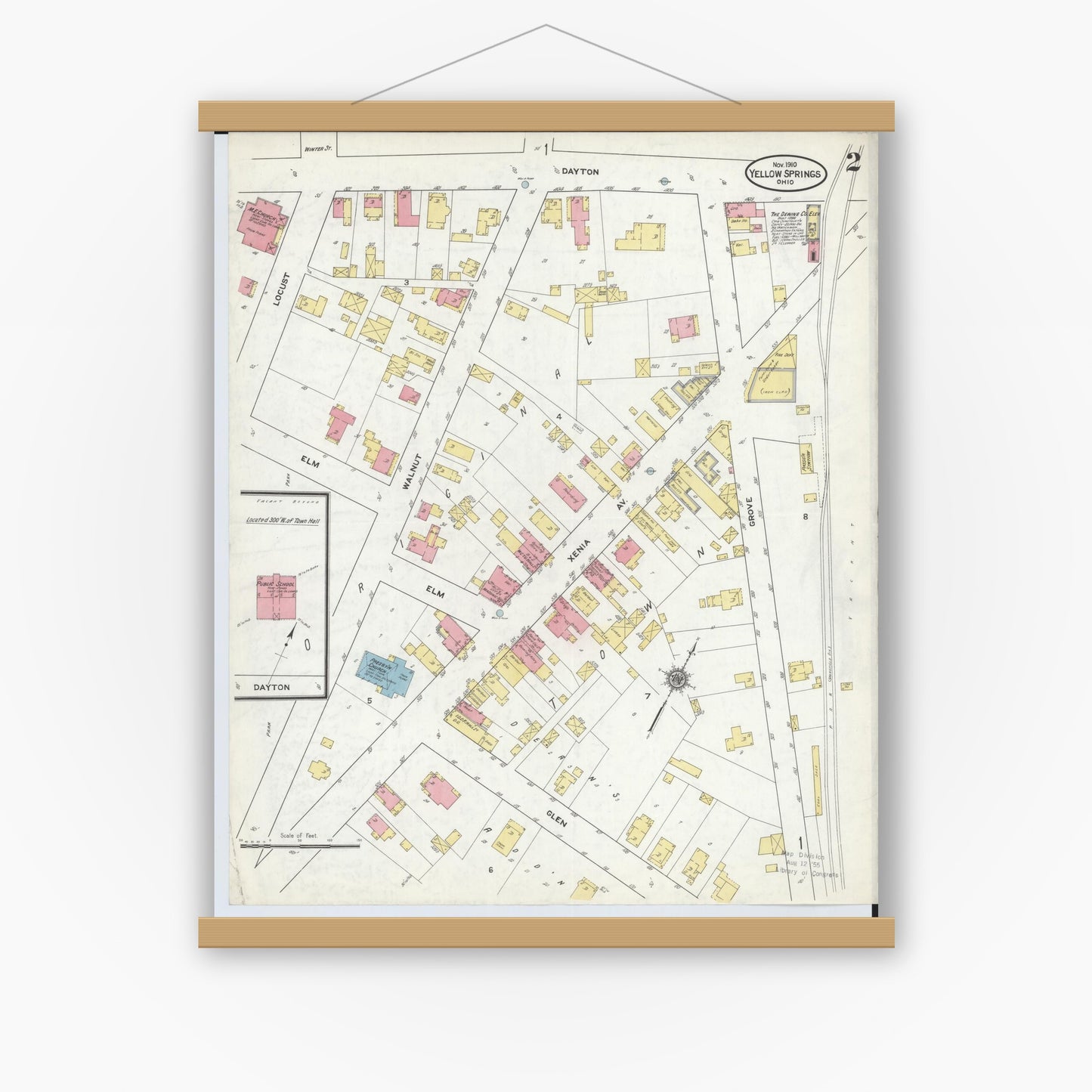 Old map wall art mockup — magnetic wood frame on white wall — Sanborn Fire Insurance Map from Yellow Springs, Greene County, Ohio (1910), Sheet #0002
