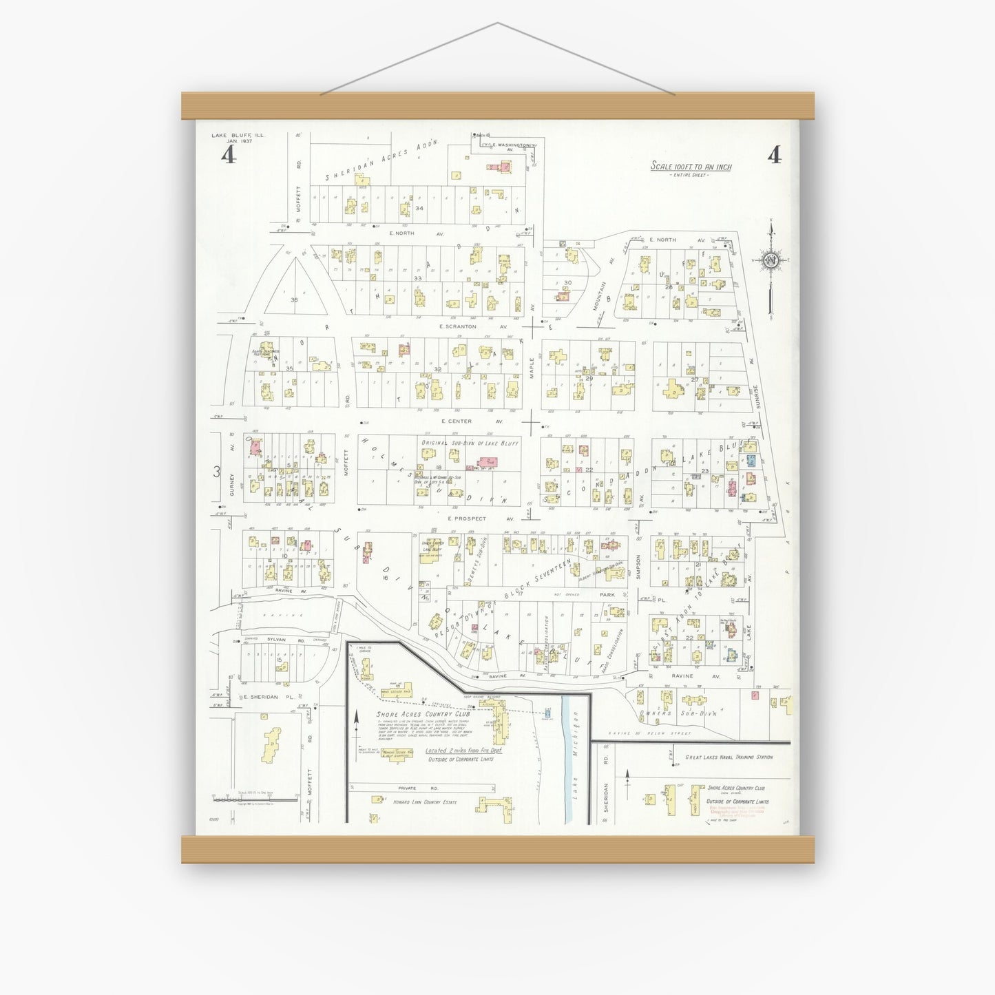 Old map wall art mockup — magnetic wood frame on white wall — Sanborn Fire Insurance Map from Lake Bluff, Lake County, Illinois (1937), Sheet #0004