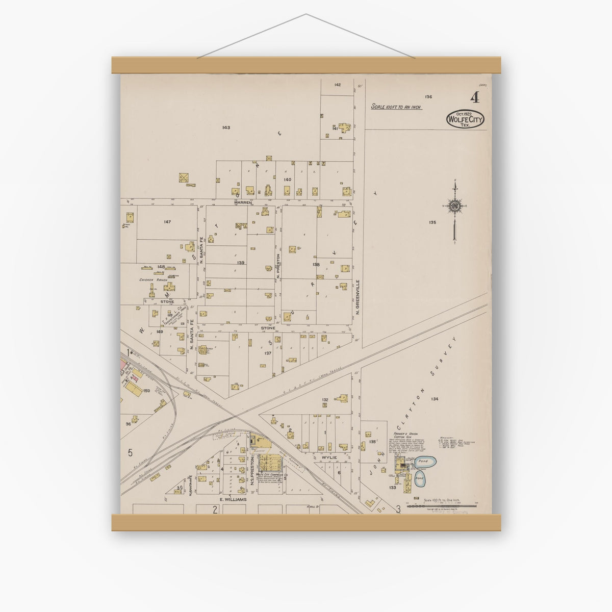 Old map wall art mockup — magnetic wood frame on white wall — Sanborn Fire Insurance Map from Wolfe City, Hunt County, Texas (1922), Sheet #0004