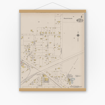 Old map wall art mockup — magnetic wood frame on white wall — Sanborn Fire Insurance Map from Wolfe City, Hunt County, Texas (1922), Sheet #0004
