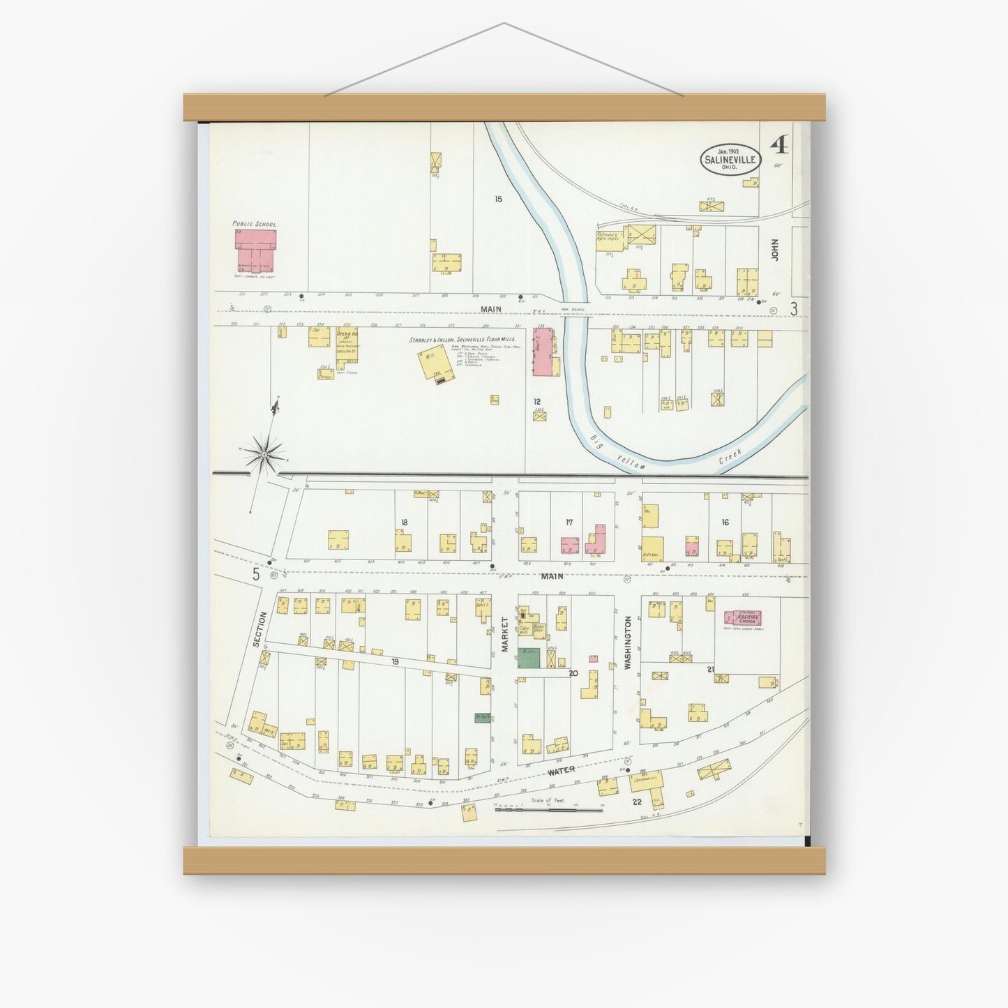 Old map wall art mockup — magnetic wood frame on white wall — Sanborn Fire Insurance Map from Salineville, Columbiana County, Ohio (1902), Sheet #0004