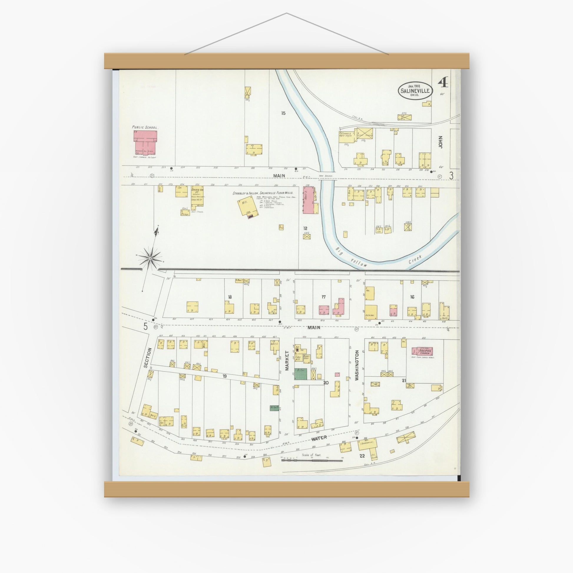 Old map wall art mockup — magnetic wood frame on white wall — Sanborn Fire Insurance Map from Salineville, Columbiana County, Ohio (1902), Sheet #0004