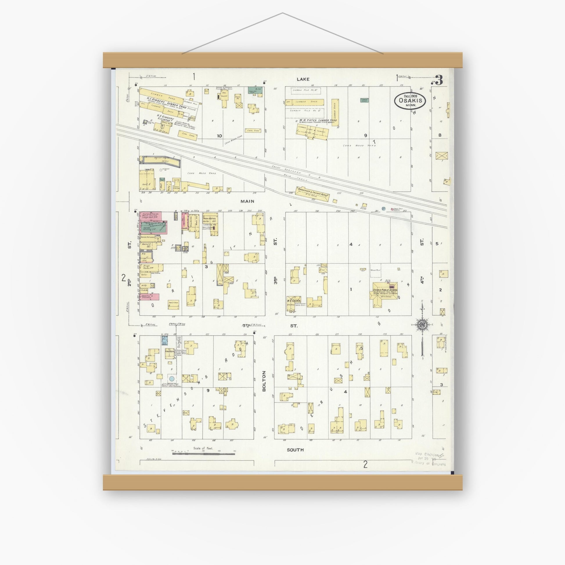 Old map wall art mockup — magnetic wood frame on white wall — Sanborn Fire Insurance Map from Osakis, Douglas and Todd Counties, Minnesota (1909), Sheet #0003