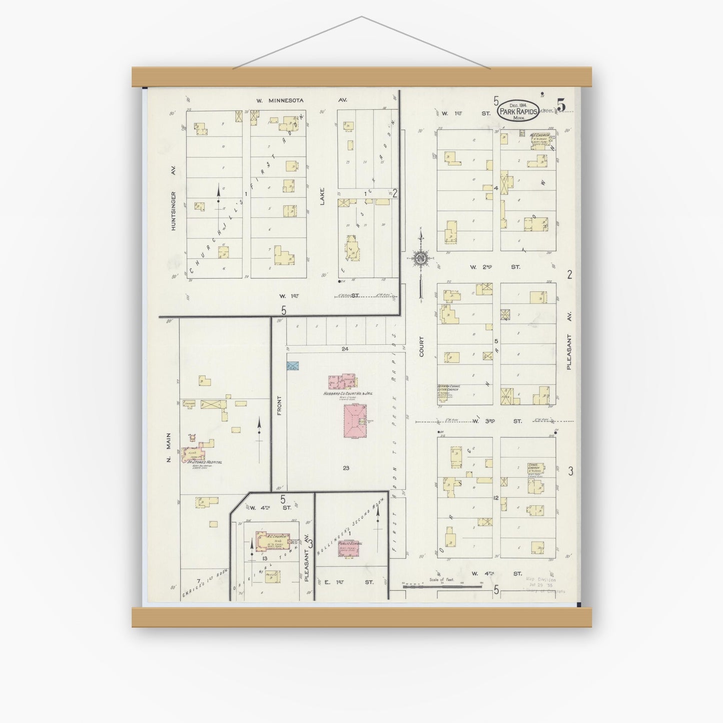 Old map wall art mockup — magnetic wood frame on white wall — Sanborn Fire Insurance Map from Park Rapids, Hubbard County, Minnesota (1914), Sheet #0005