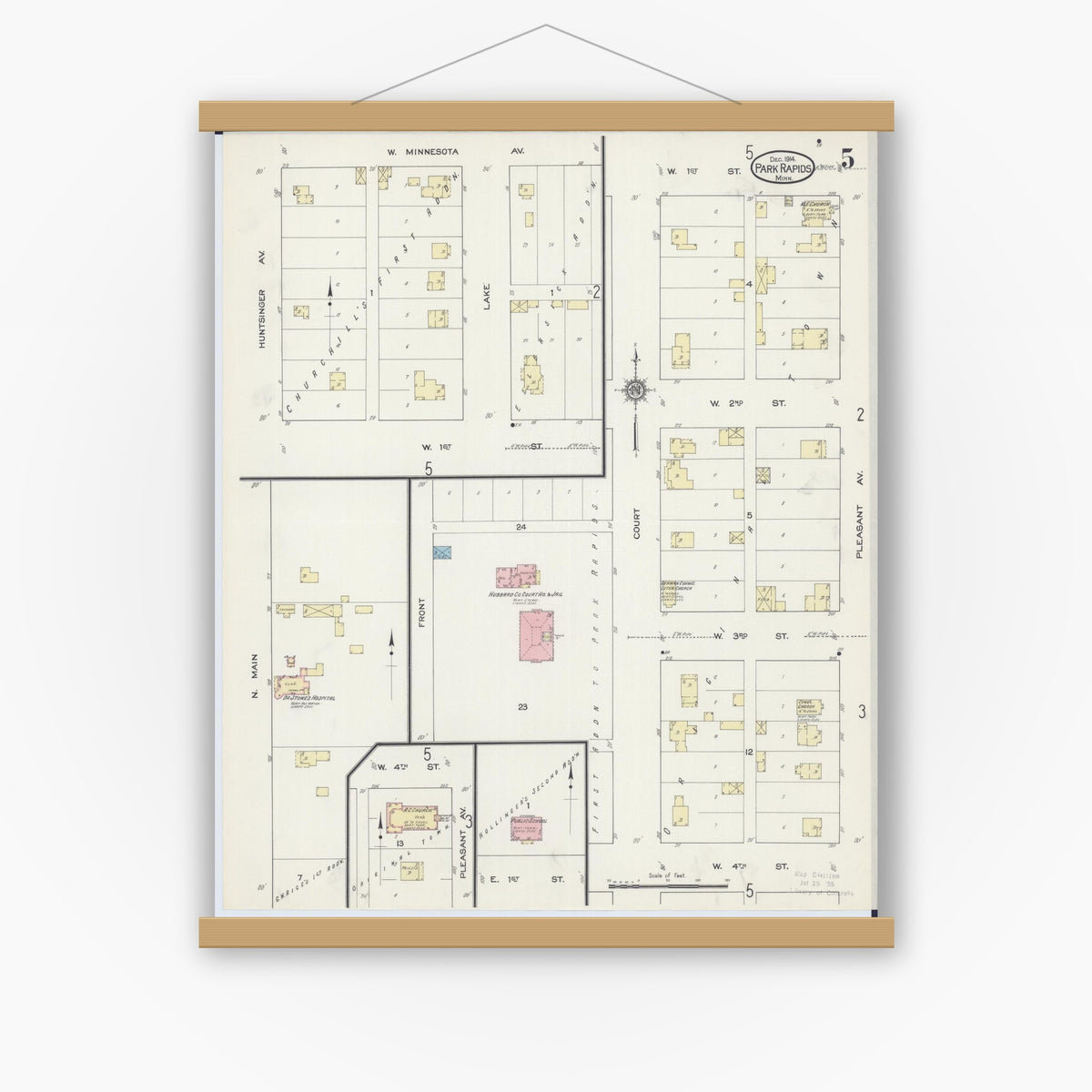Old map wall art mockup — magnetic wood frame on white wall — Sanborn Fire Insurance Map from Park Rapids, Hubbard County, Minnesota (1914), Sheet #0005