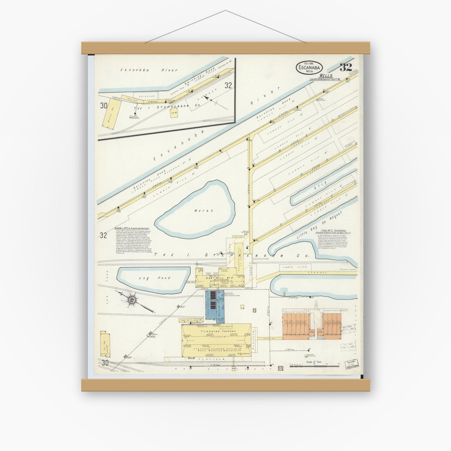 Old map wall art mockup — magnetic wood frame on white wall — Sanborn Fire Insurance Map from Escanaba, Delta County, Michigan (1913), Sheet #0032