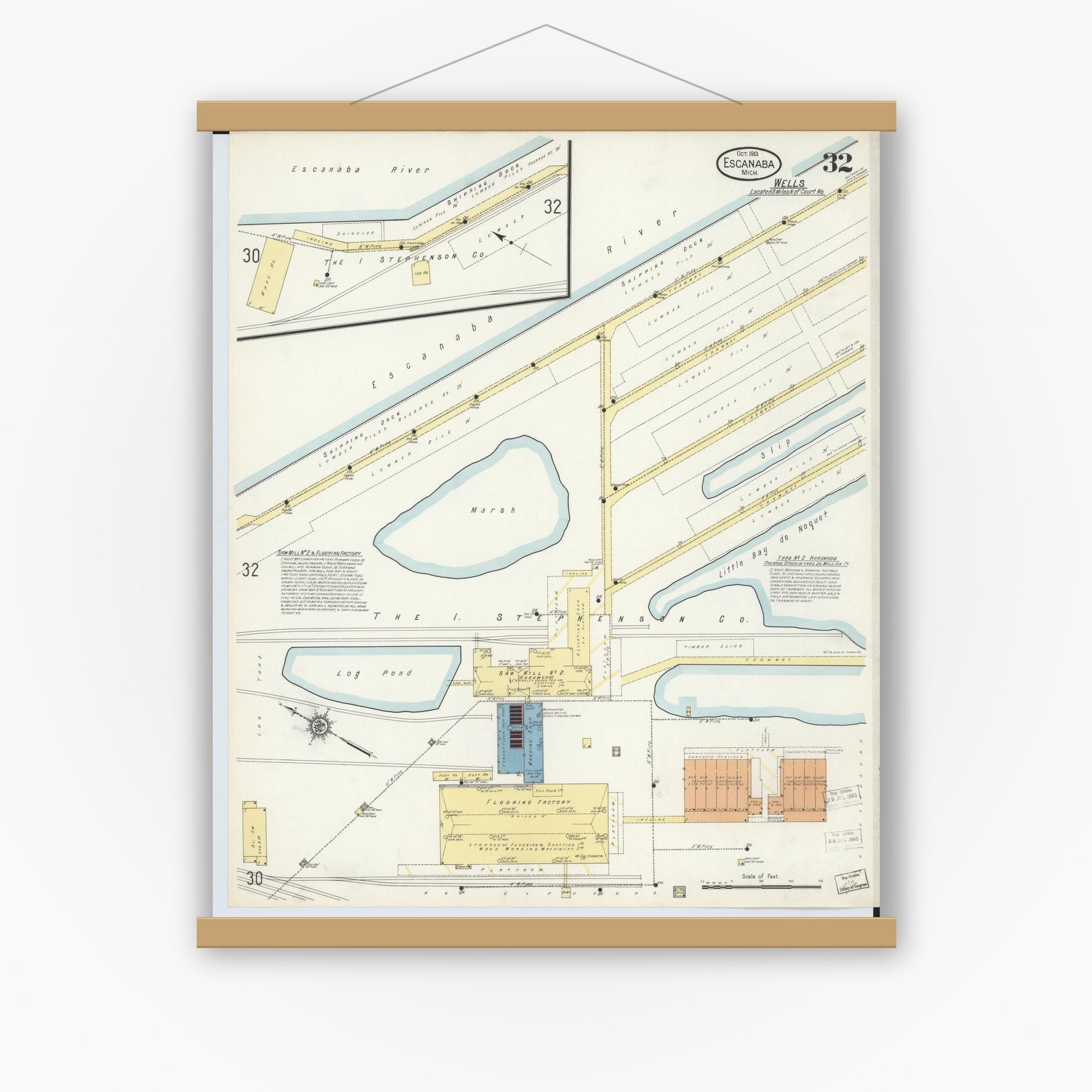 Old map wall art mockup — magnetic wood frame on white wall — Sanborn Fire Insurance Map from Escanaba, Delta County, Michigan (1913), Sheet #0032