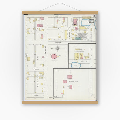 Old map wall art mockup — magnetic wood frame on white wall — Sanborn Fire Insurance Map from Lebanon, Saint Clair County, Illinois (1894), Sheet #0004