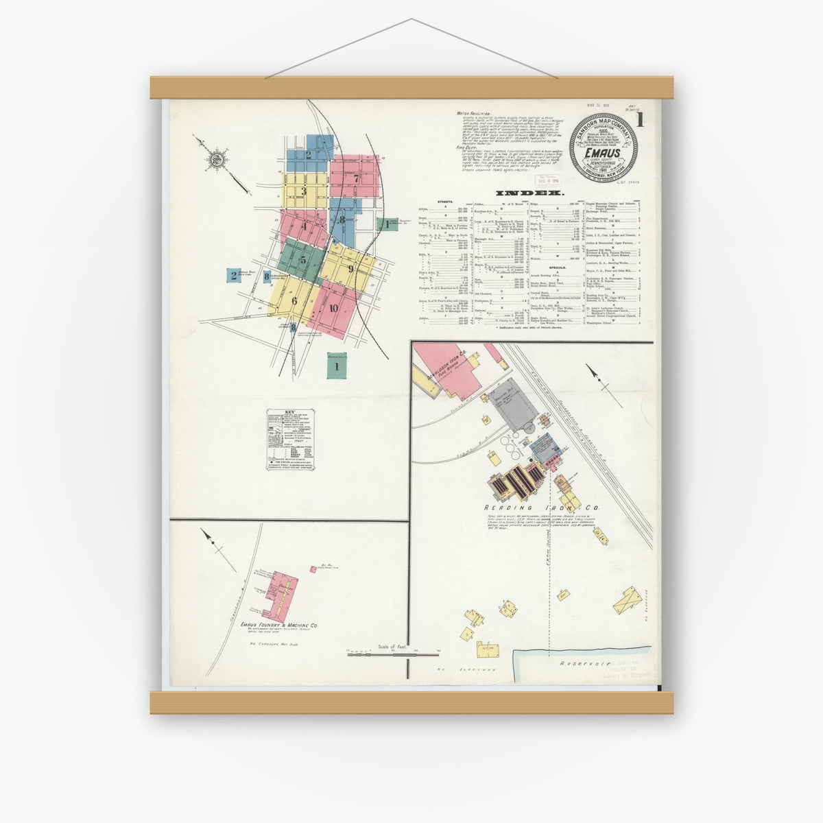 Old map wall art mockup — magnetic wood frame on white wall — Sanborn Fire Insurance Map from Emaus, Lehigh County, Pennsylvania (1911), Sheet #0001