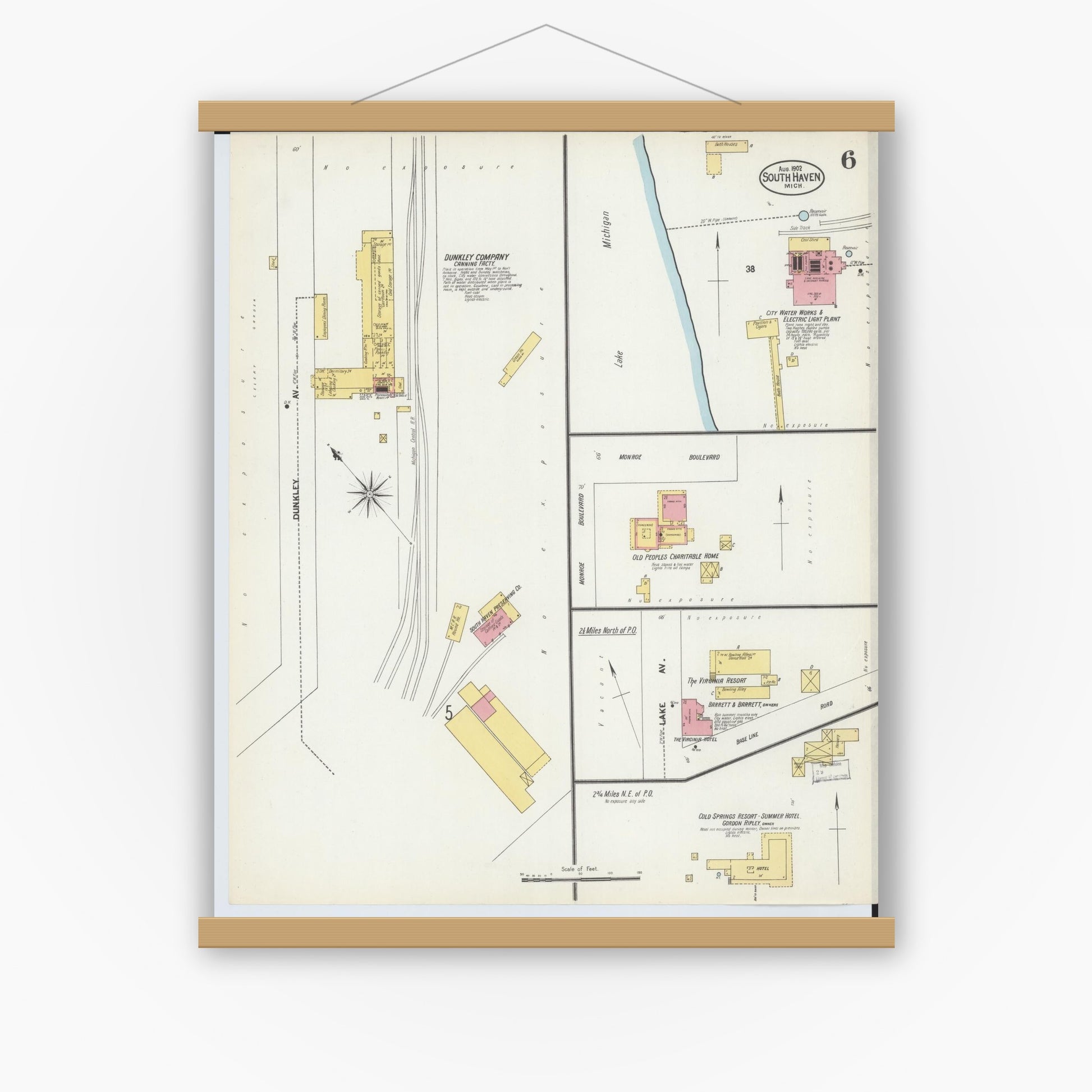 Old map wall art mockup — magnetic wood frame on white wall — Sanborn Fire Insurance Map from South Haven, Van Buren County, Michigan (1902), Sheet #0006
