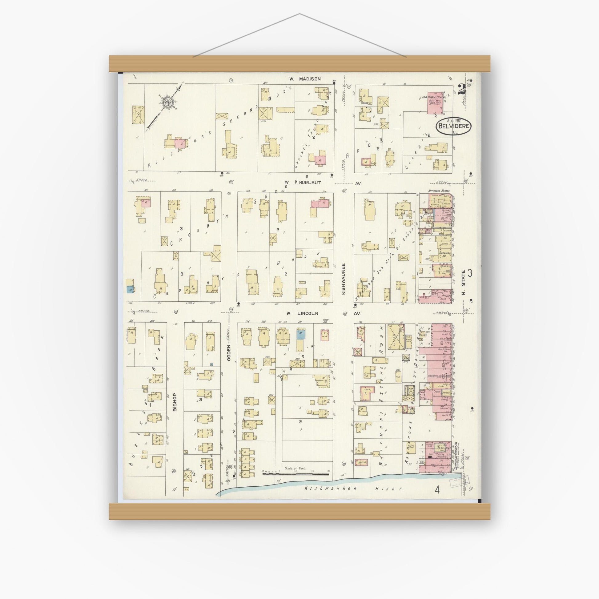 Old map wall art mockup — magnetic wood frame on white wall — Sanborn Fire Insurance Map from Belvidere, Boone County, Illinois (1912), Sheet #0002
