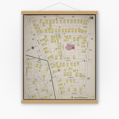 Old map wall art mockup — magnetic wood frame on white wall — Sanborn Fire Insurance Map from Worcester, Worcester County, Massachusetts (1910), Sheet #0118