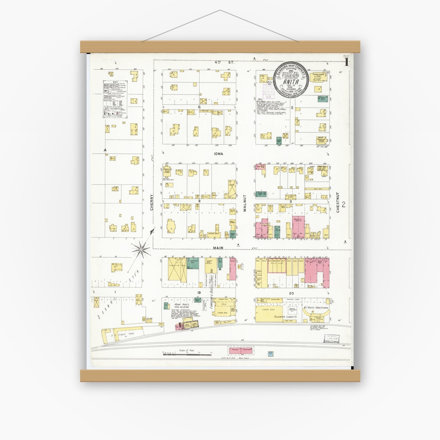Old map wall art mockup — magnetic wood frame on white wall — Sanborn Fire Insurance Map from Anita, Cass County, Iowa (1901) â€” Complete Set